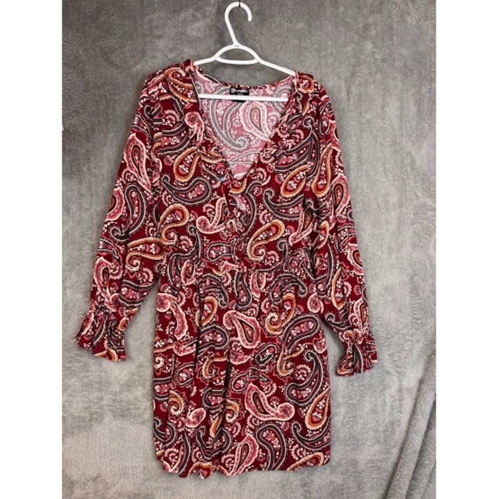 Wrangler Retro Womens XL Burgundy Paisley Long Sleeve V-Neck Mini Dress Boho‎
